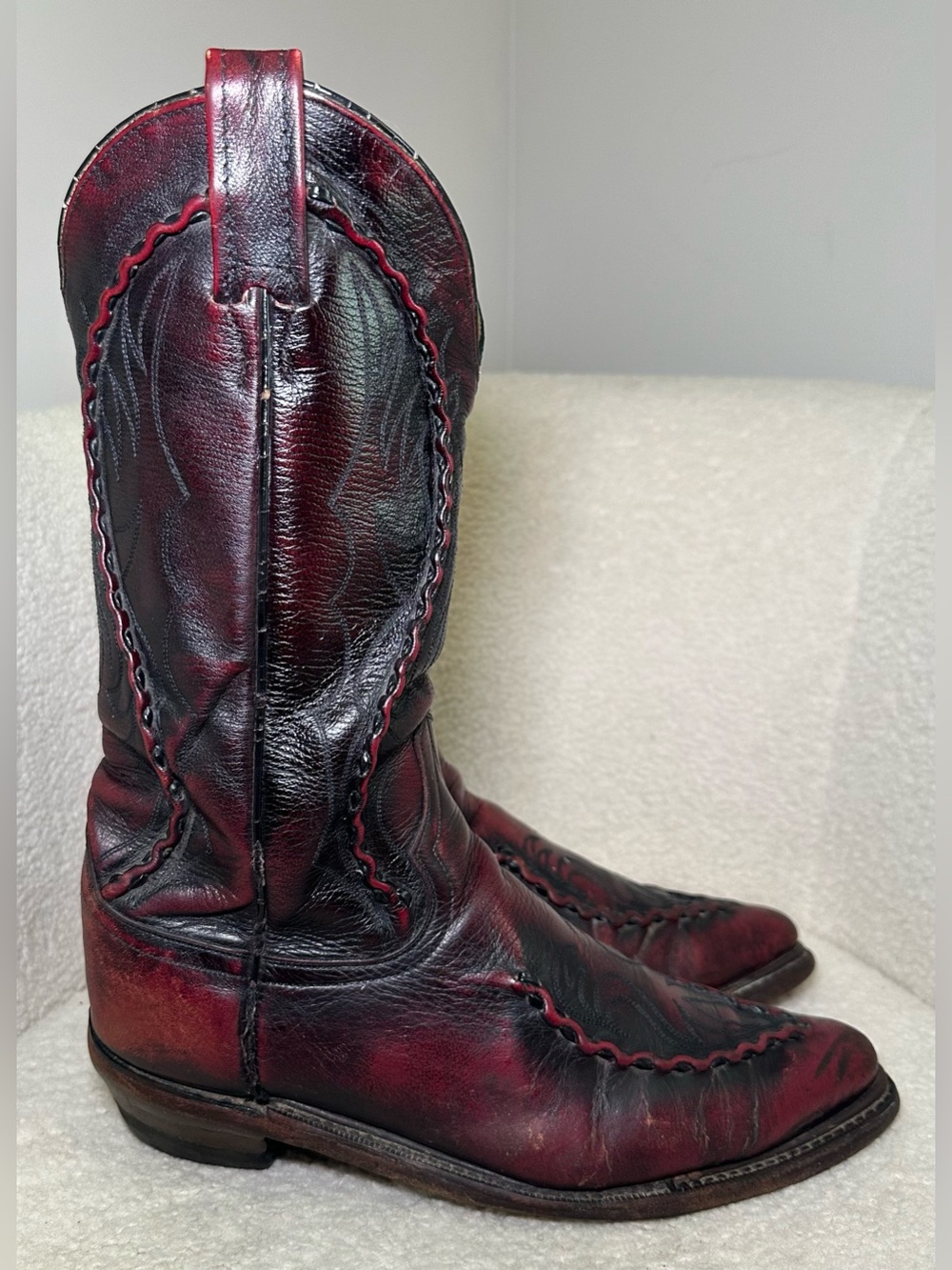 Vintage Boots Handmade Mexico Burgundy Black Leather Cowboy Western Bohemian 8.5